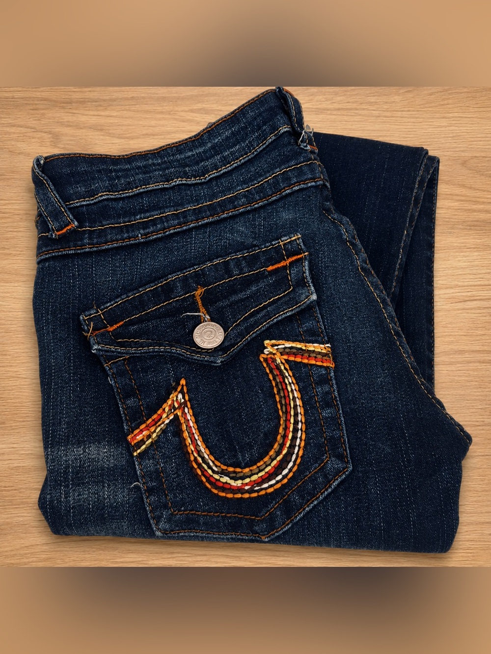 True Religion Women's Skinny Jeans in Dark Indigo with Orange Contrast Stitching